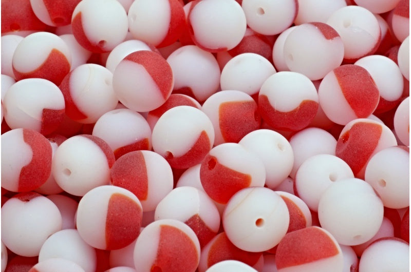Round Druck Beads, Ruby Red Chalk White Matte (90080-03000-84100), Glass, Czech Republic