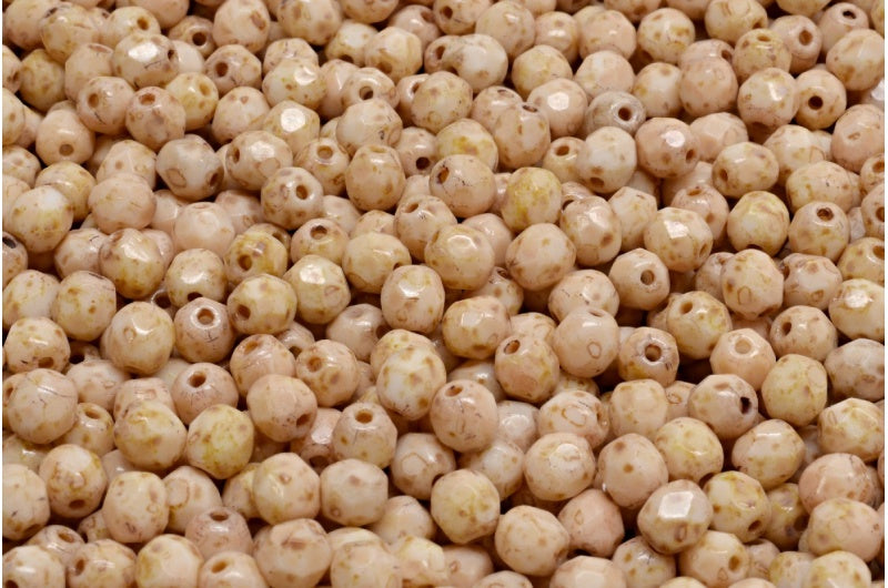 多面圆形火抛光珠,粉笔白石灰华米色石灰华斑点 (03000-86800-33301),玻璃,捷克共和国