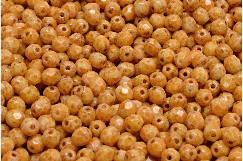 ファセット加工のラウンド型ファイヤーポリッシュビーズ、チョークホワイトトラバーチンオレンジスポット(03000-86800-33302)、ガラス、チェコ共和国