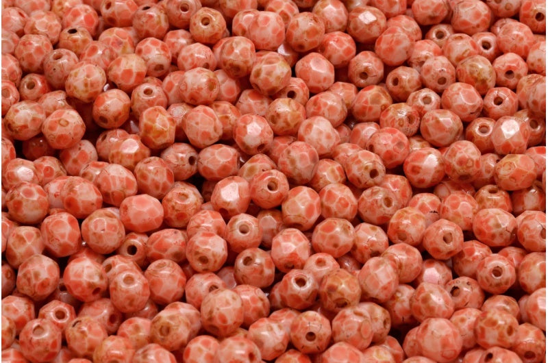 Faceted Round Fire Polished Beads, Chalk White Travertin Beige Orange Spotted (03000-86800-33307), Glass, Czech Republic