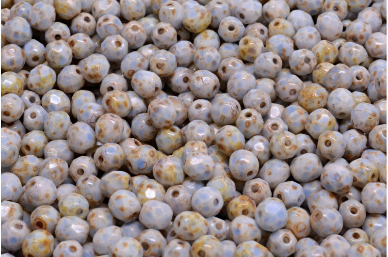 Faceted Round Fire Polished Beads, Chalk White Travertin Blue Spotted (03000-86800-33308), Glass, Czech Republic