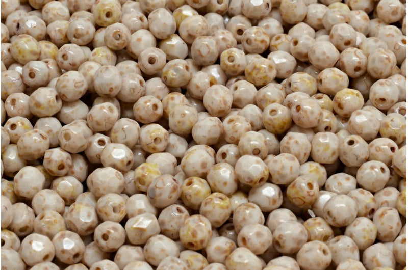 Faceted Round Fire Polished Beads, Chalk White Travertin Beige Spotted (03000-86800-33312), Glass, Czech Republic