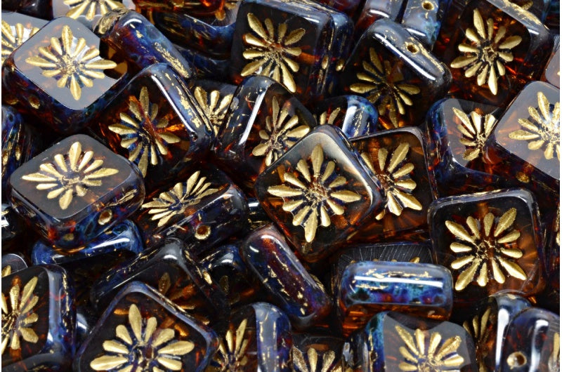 奥特莱斯 10克方形猕猴桃珠,10 x 10毫米,透明棕色石灰华镀金 (10100-86800-54302),玻璃,捷克共和国