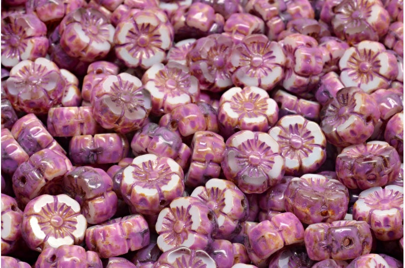 Table Cut Hawaii Flower Beads, White Transparent Light Amethyst Travertin Pink Spotted (02010-20310-86800-33306), Glass, Czech Republic