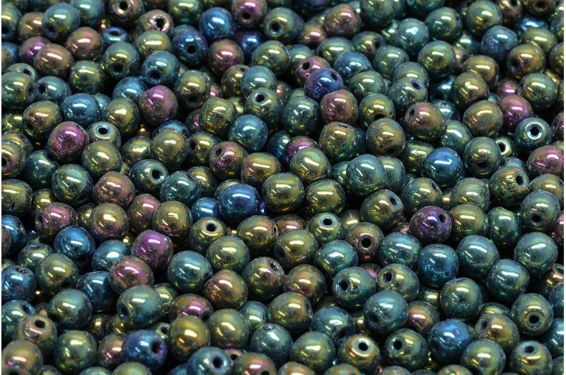 ラウンドドラックビーズ、ブラックグリーンアイリス(23980-21455)、ガラス、チェコ共和国