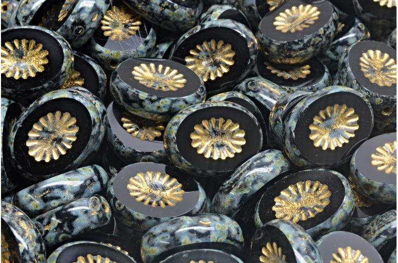 アウトレット 10グラム テーブルカット キウイビーズ、14 x 10 mm、ブラックトラバーチンゴールドライニング(23980-86800-54302)、ガラス、チェコ共和国