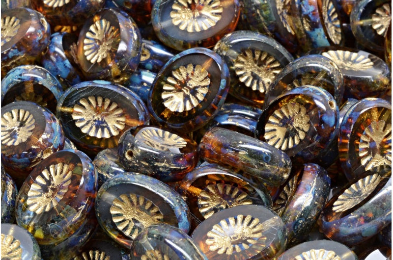 アウトレット 10グラム テーブルカット キウイビーズ、14 x 10 mm、透明オレンジ 透明ブルー トラバーチン ゴールドライニング (10050-30030-86800-54302)、ガラス、チェコ共和国