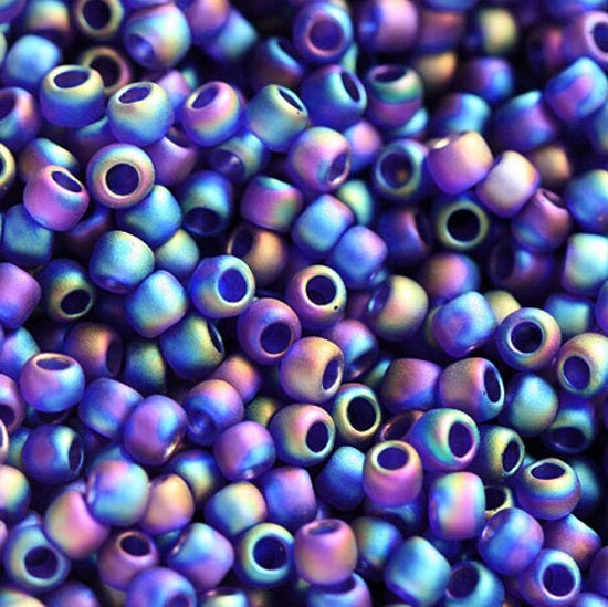 TOHO Round Glass Seed Beads, Transparent Rainbow Frosted Cobalt (#87DF), Glass, Japan