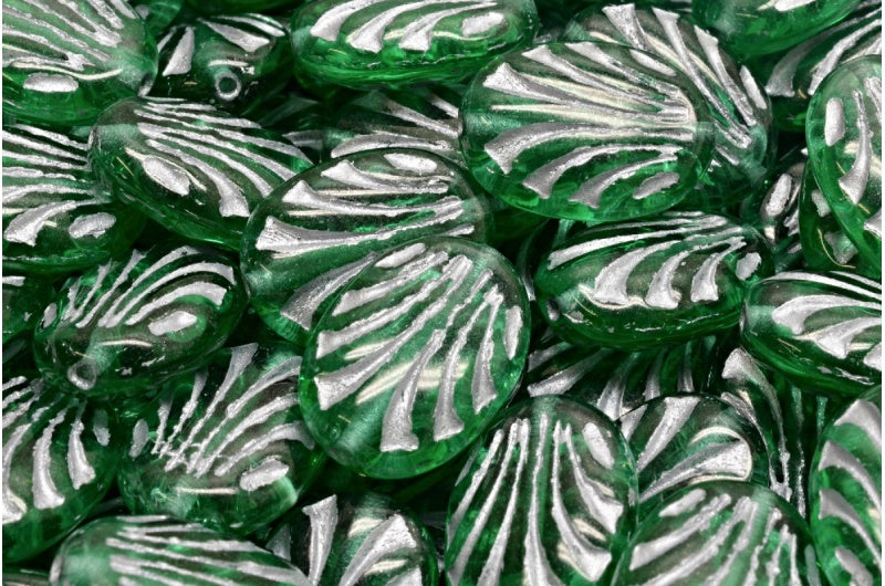 Oval With Lines, Transparent Green Emerald Silver Lined (50720-54301), Glass, Czech Republic