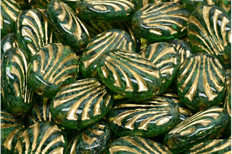 Oval With Lines, Transparent Green Emerald Travertin Gold Lined (50720-86800-54302), Glass, Czech Republic