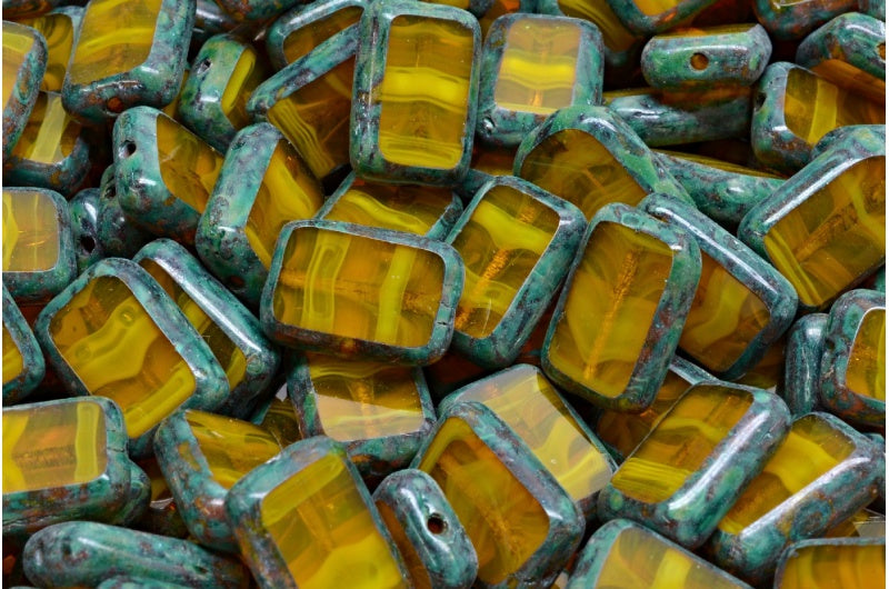 テーブルカットの長方形ビーズ、オレンジトラバーチンライトターコイズ(81240-86800-34309)、ガラス、チェコ共和国