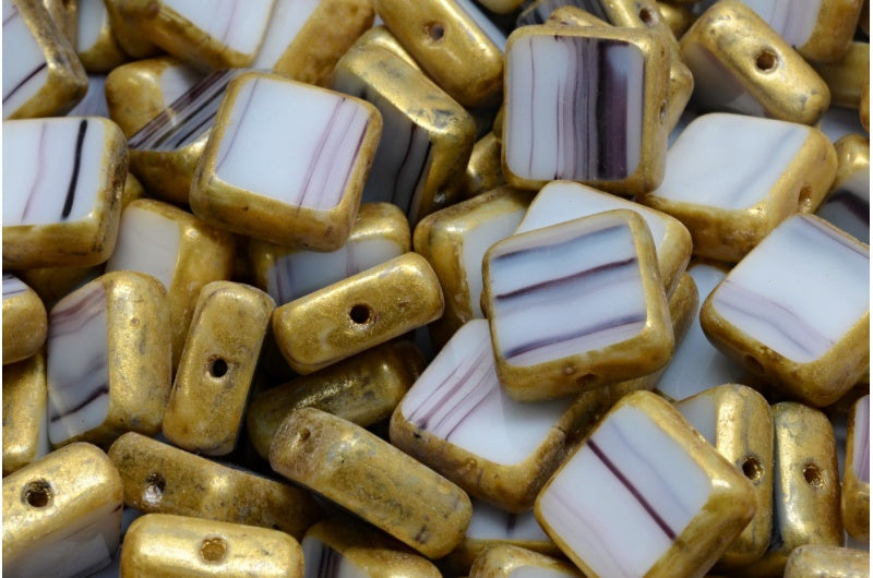 テーブルカットスクエアビーズ、ホワイトブラックゴールドスプラッシュ(02010-23980-86720)、ガラス、チェコ共和国