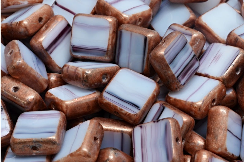 テーブルカットスクエアビーズ、ホワイトブラックコッパースプラッシュ(02010-23980-86750)、ガラス、チェコ共和国