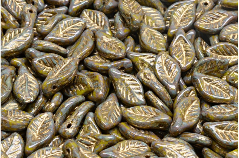 Bay Leaf Beads, Opaque Green Travertin Gold Lined (53400-86800-54302), Glass, Czech Republic