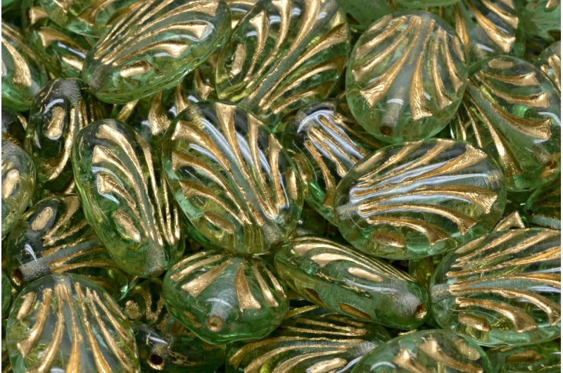 清仓 10克 椭圆形带纹路, 17 x 12 毫米, 透明绿金色内衬 (50500-54302), 玻璃, 捷克共和国
