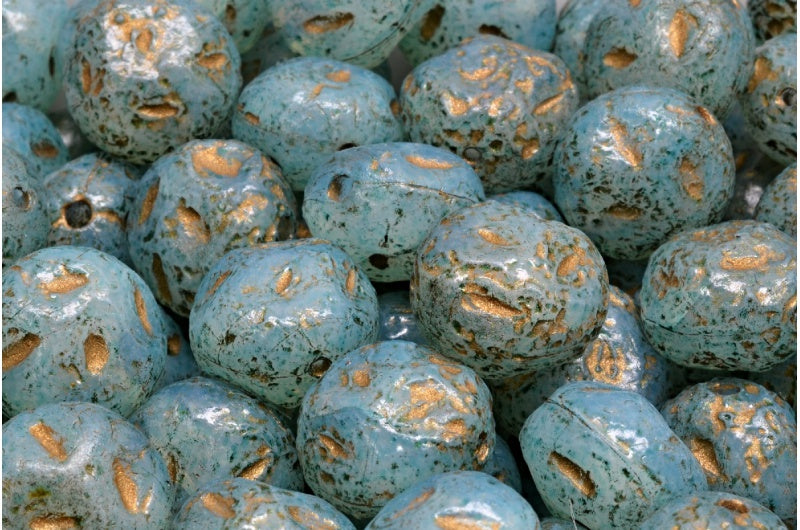 Monon Stone Beads, Opal White Etched Gold Lined Light Aqua Blue (01000-etch-54302-34308), Glass, Czech Republic