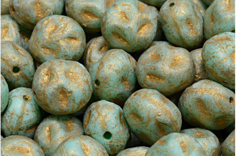 Monon Stone Beads, Turquoise Uranium Etched Gold Lined (54200-etch-54302), Glass, Czech Republic