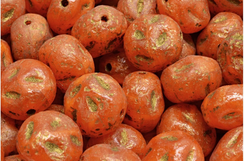 モノンストーンビーズ、オレンジエッチングゴールドライン(81260-etch-54302)、ガラス、チェコ共和国