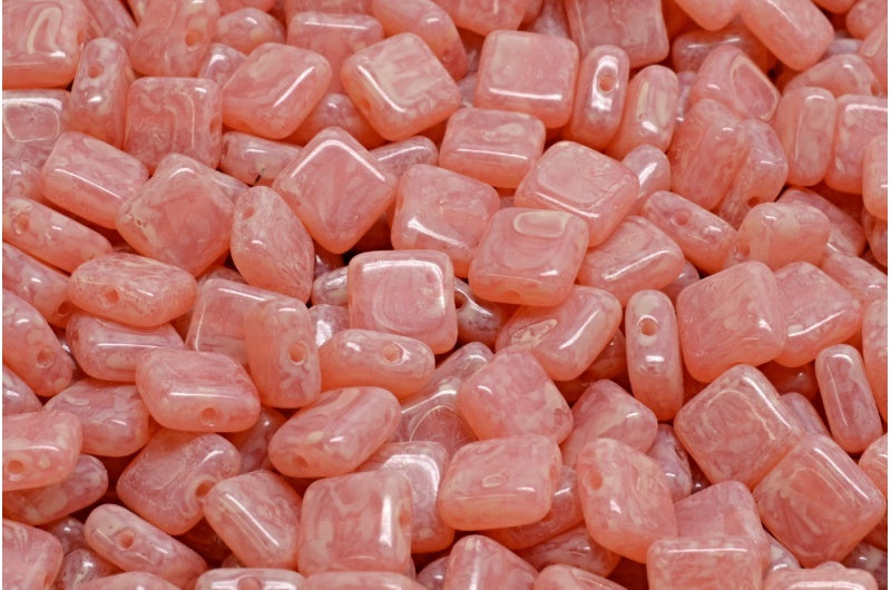 Square Beads, Opal Pink Beige Travertin Spotted (71400-33301), Glass, Czech Republic