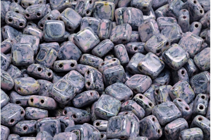 2穴プレスタイルビーズ、ブラックトラバーチンウォームパープルスポット(23980-86800-33304)、ガラス、チェコ共和国