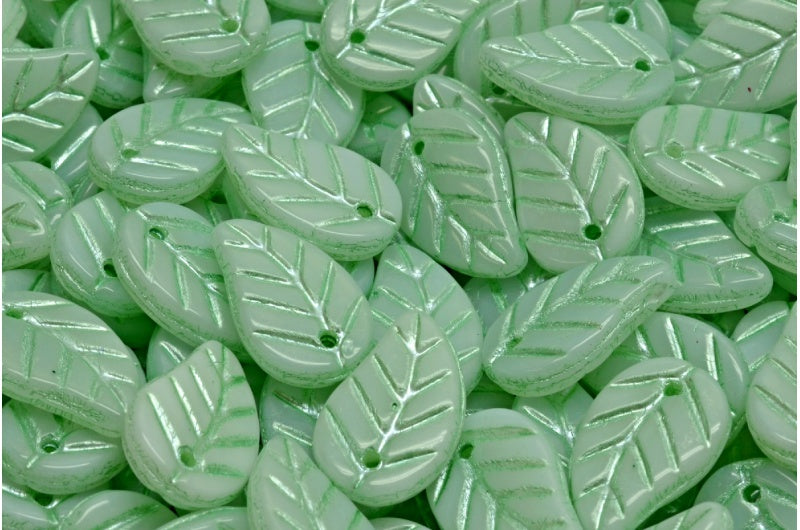 リーフペンダントビーズ、ホワイトグリーンライン(02010-54322)、ガラス、チェコ共和国