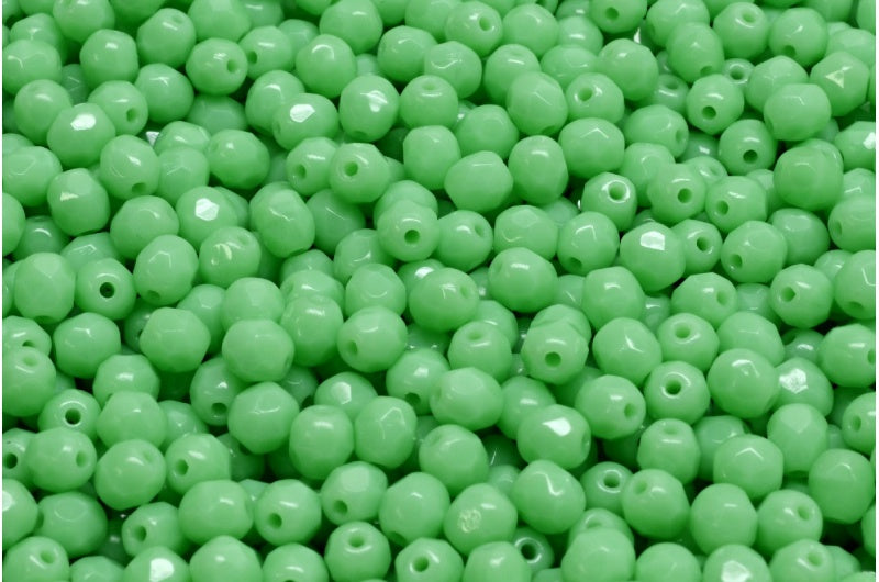 ファセット加工の丸型ファセットポリッシュビーズ、不透明グリーン(53110)、ガラス、チェコ共和国