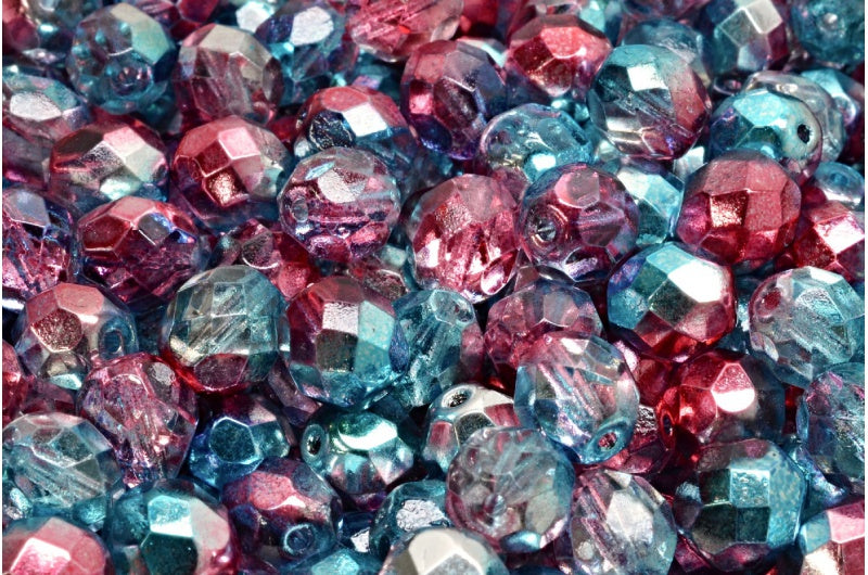 ファセット加工ラウンドファイアポリッシュビーズ、クリスタルグロッシーブルーレッド(00030-48213)、ガラス、チェコ共和国