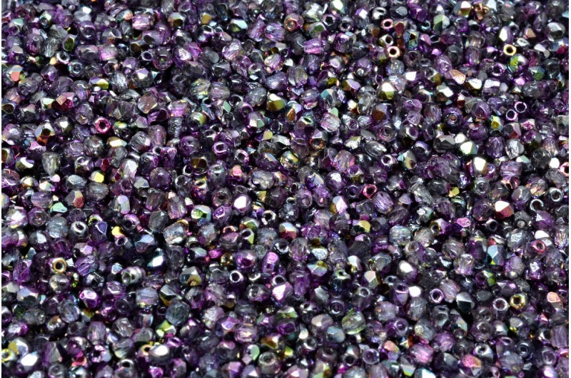 Faceted Round Fire Polished Beads, Crystal Purple Vitrail (00030-95500), Glass, Czech Republic