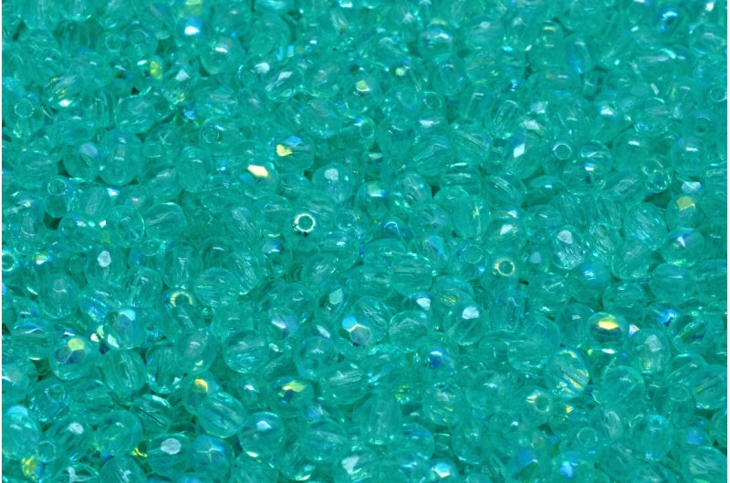 ファセット加工ラウンドファイアポリッシュビーズ、クリスタルABライトターコイズ(00030-28701-34309)、ガラス、チェコ共和国