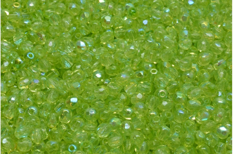 ファセットラウンドファイアポリッシュビーズ、クリスタルABライトグリーン(00030-28701-34310)、ガラス、チェコ共和国