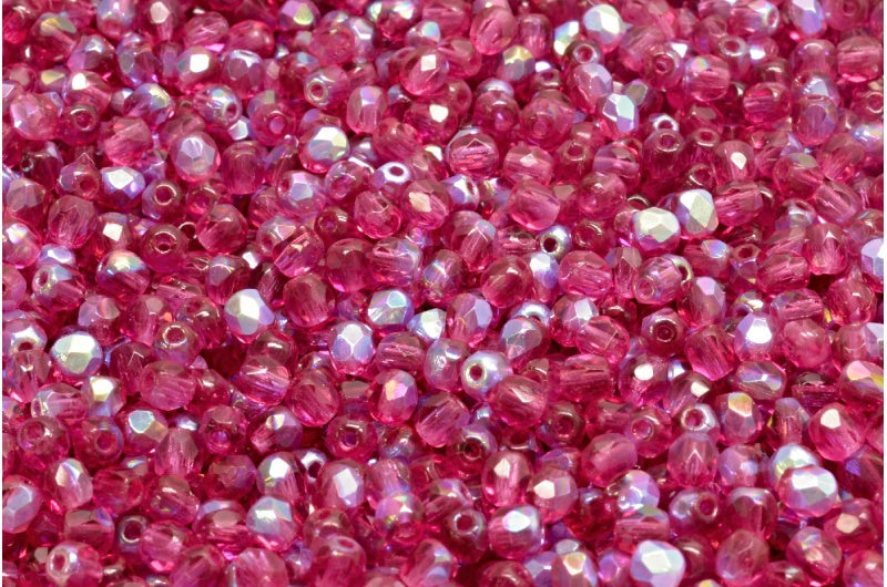 ファセット加工ラウンドファイアポリッシュビーズ、透明レッドAB(70350-28701)、ガラス、チェコ共和国