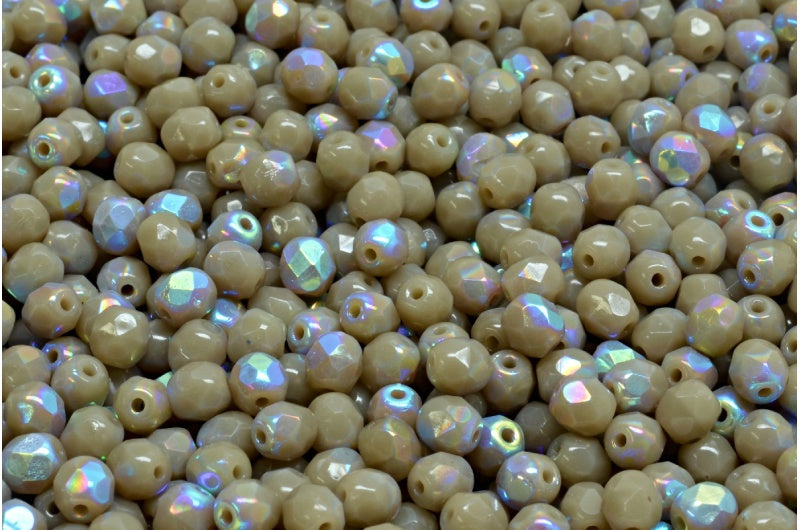 Faceted Round Fire Polished Beads, Opaque Gray Ab (43030-28701), Glass, Czech Republic