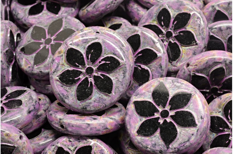 テーブルカットコインフラワービーズ、ブラックトラバーチンピンクスポット(23980-86800-33306)、ガラス、チェコ共和国