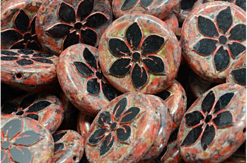 テーブルカットコインフラワービーズ、ブラックトラバーチンベージュオレンジスポット(23980-86800-33307)、ガラス、チェコ共和国