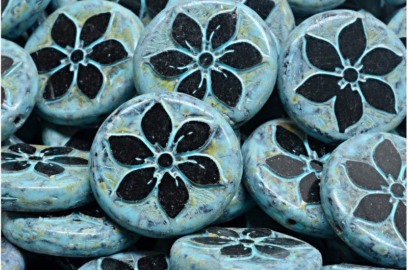 テーブルカットコインフラワービーズ、ブラックトラバーチンターコイズスポット(23980-86800-33309)、ガラス、チェコ共和国