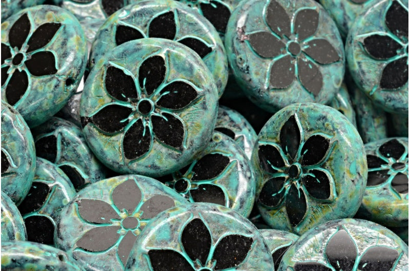 Table Cut Coin Flower Beads, Black Travertin Turqouise Spotted (23980-86800-33310), Glass, Czech Republic