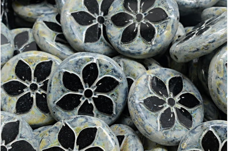 Table Cut Coin Flower Beads, Black Travertin Beige Spotted (23980-86800-33312), Glass, Czech Republic