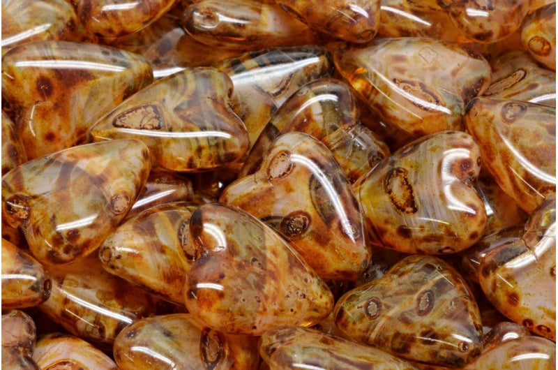 細長いハートビーズ、シルキーピンクトラバーチン(76027-86800)、ガラス、チェコ共和国