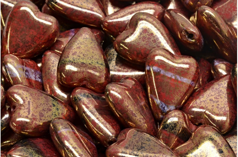 細長いハート型ビーズ、ストライプ入りダークレッドテラコッタバイオレット(26907-15496)、ガラス、チェコ共和国