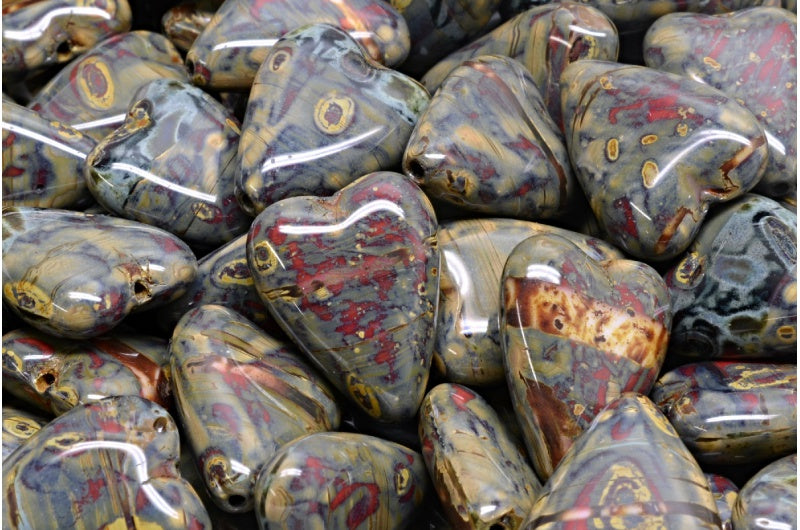 細長いハート型ビーズ、縞模様の濃い赤色のトラバーチン(26907-86800)、ガラス、チェコ共和国