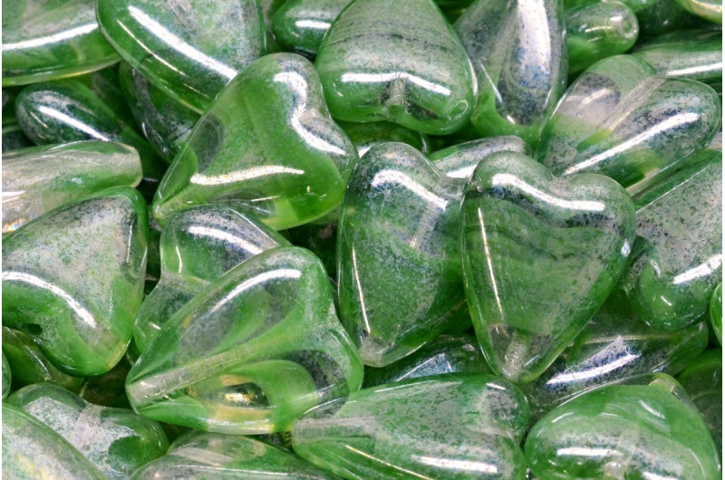 細長いハート型ビーズ、マラカイトグリーンヘマタイト(26507-14400)、ガラス、チェコ共和国