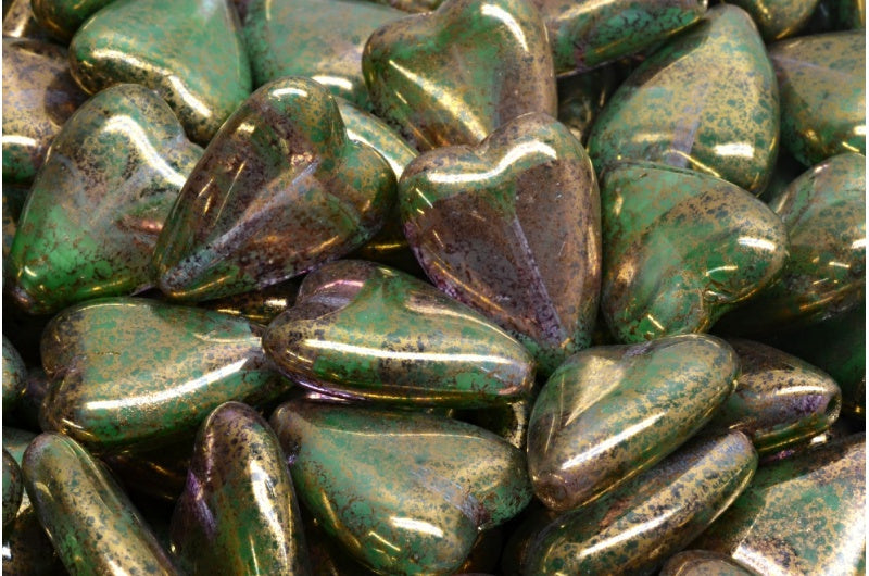 細長いハートビーズ、マラカイトグリーンテラコッタバイオレット(26507-15496)、ガラス、チェコ共和国