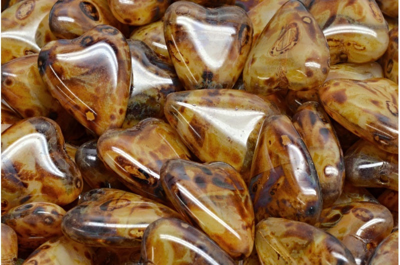 細長いハートビーズ、ベージュシルキートラバーチン(16017-86800)、ガラス、チェコ共和国