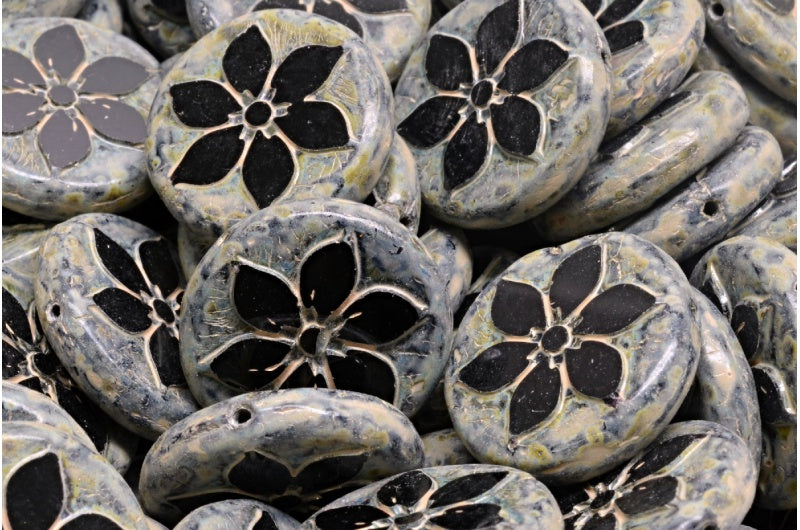 Table Cut Coin Flower Beads, Black Travertin Beige Travertin Spotted (23980-86800-33301), Glass, Czech Republic