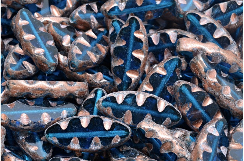 テーブルカットの船型ビーズ、透明アクア銅スプラッシュ(60080-86750)、ガラス、チェコ共和国