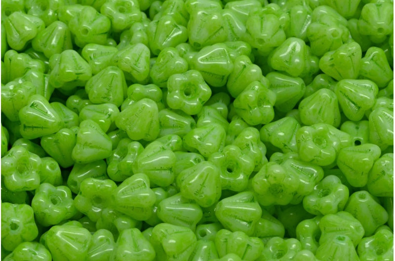 Bell Flower Beads, 83539 Green Spotted (83539-33311), Glass, Czech Republic