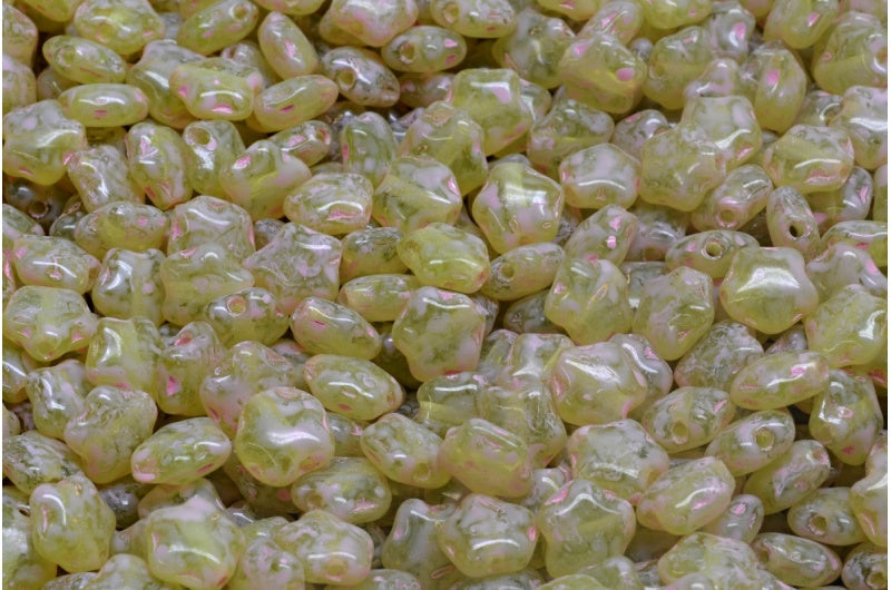 Flat Star Beads, Transparent Green Warm Purple Spotted (50220-33304), Glass, Czech Republic
