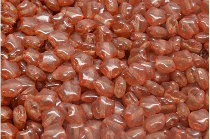 Flat Star Beads, Transparent Green Beige Orange Spotted (50520-33307), Glass, Czech Republic