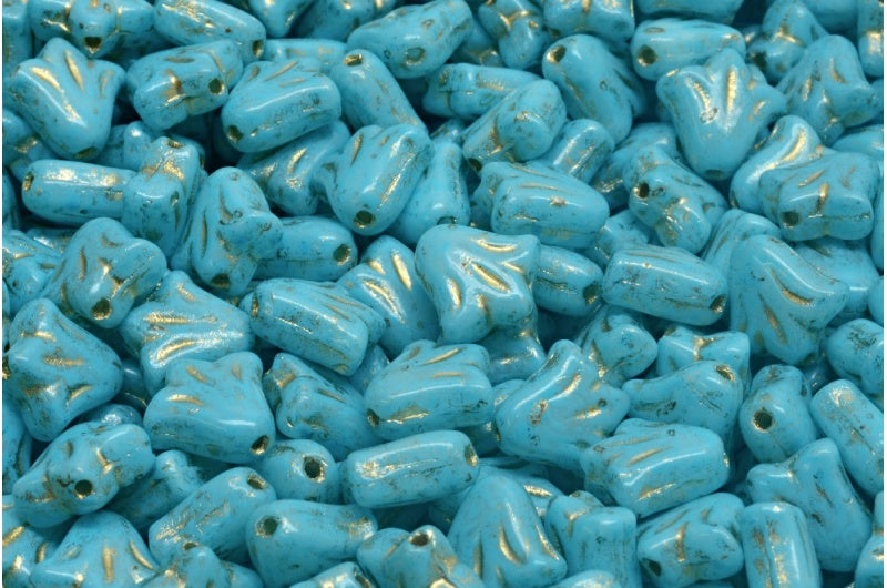 ユリの花のビーズ、ホワイトターコイズ斑点、金線入り(02010-33309-54302)、ガラス、チェコ共和国