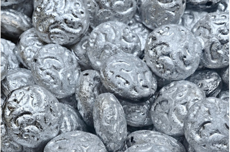 Lentil Beads With Ornaments, Black Etched Silver full coated (23980-etch-27003), Glass, Czech Republic